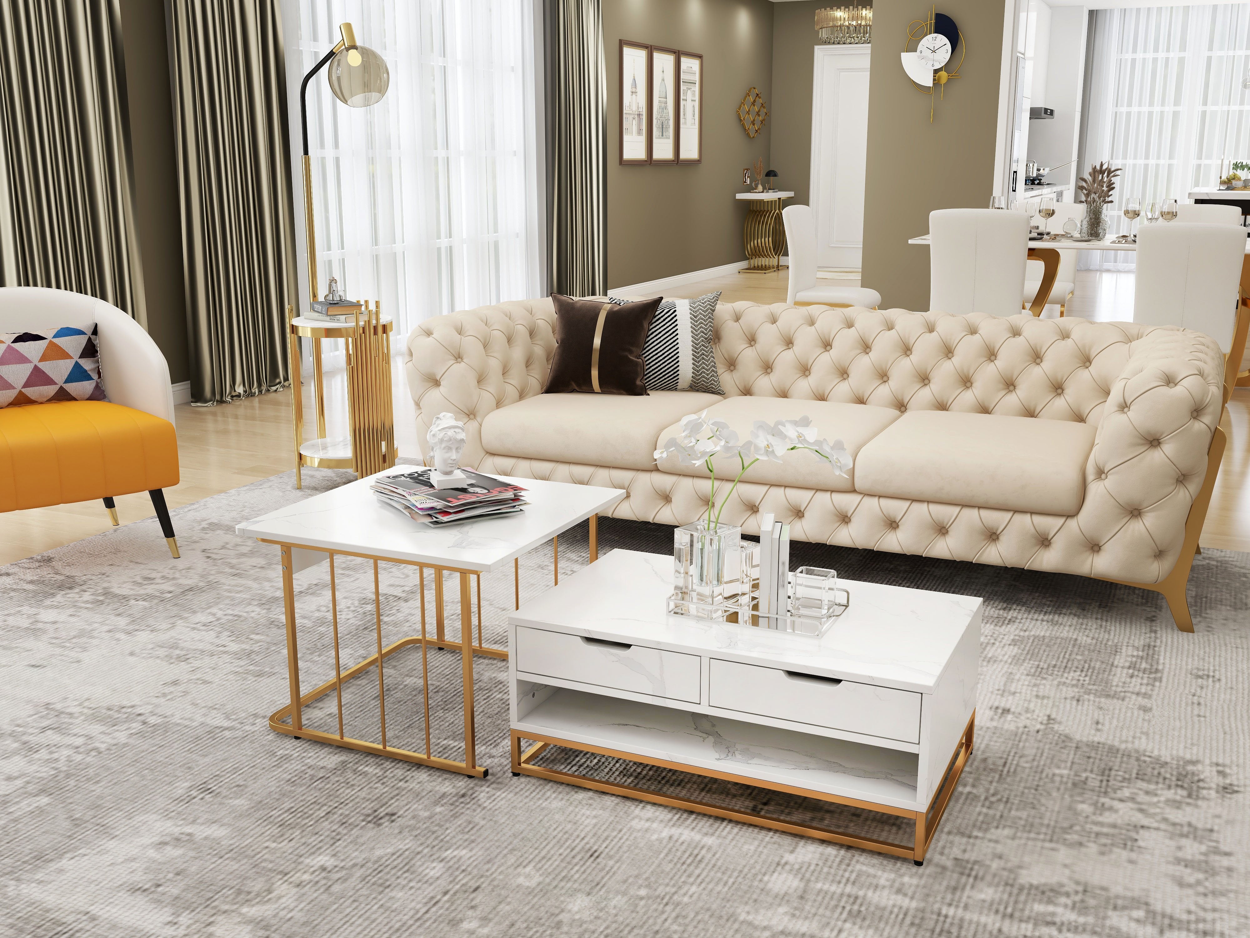 HMR - Chesterfield 3-Seater Sofa Button Tufted Velvet in 91"W, Beige