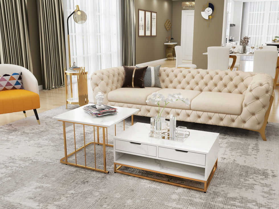 HMR - Chesterfield 3-Seater Sofa Button Tufted Velvet in 91"W, Beige