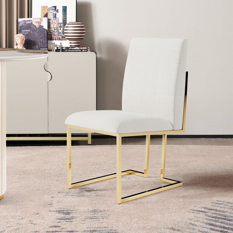 HMR - Modern Linen Upholstered Dining Chair with Stainless Steel Leg (Set of 2) in Beige