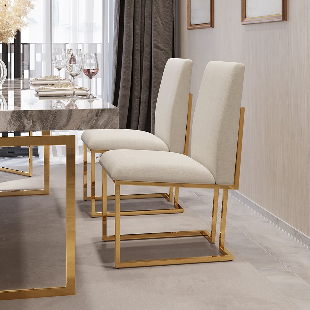HMR - Modern Linen Upholstered Dining Chair with Stainless Steel Leg (Set of 2) in Beige