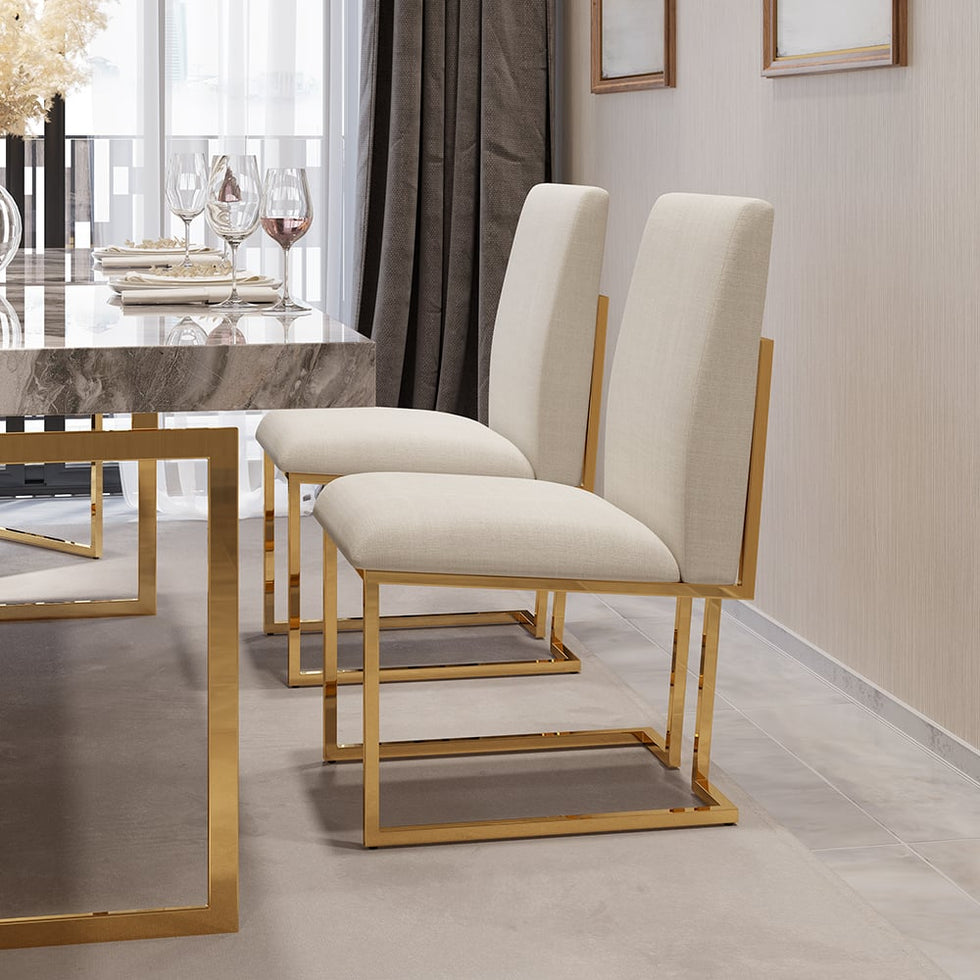 HMR - Modern Linen Upholstered Dining Chair with Stainless Steel Leg (Set of 2) in Beige