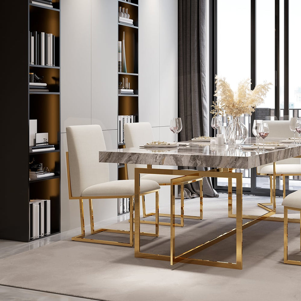 HMR - Modern Linen Upholstered Dining Chair with Stainless Steel Leg (Set of 2) in Beige