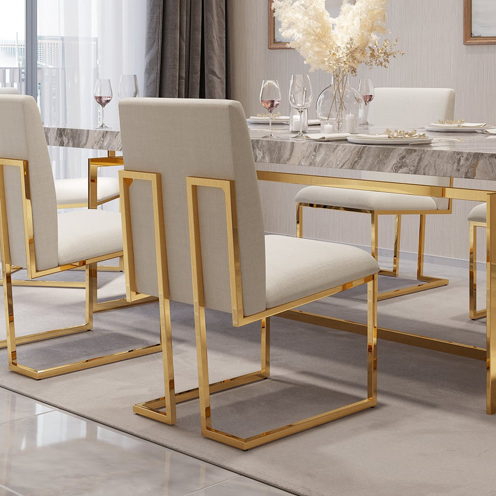 HMR - Modern Linen Upholstered Dining Chair with Stainless Steel Leg (Set of 2) in Beige