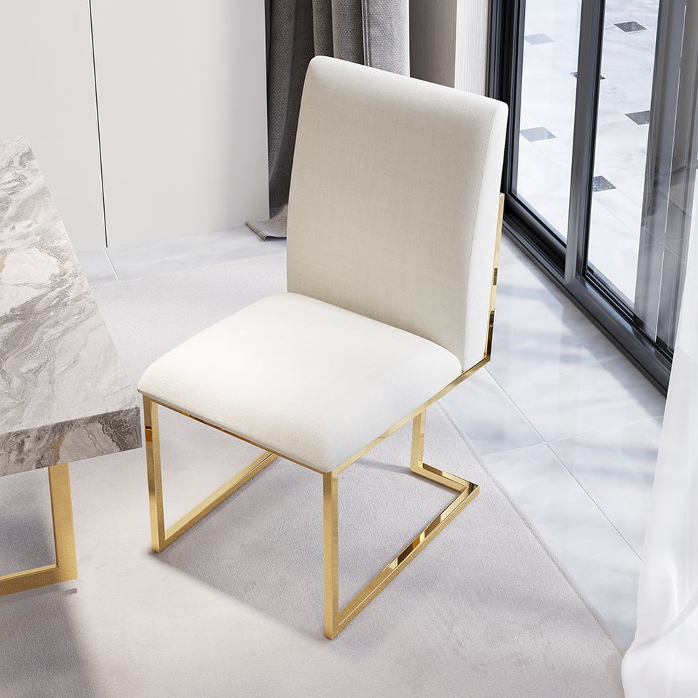 HMR - Modern Linen Upholstered Dining Chair with Stainless Steel Leg (Set of 2) in Beige
