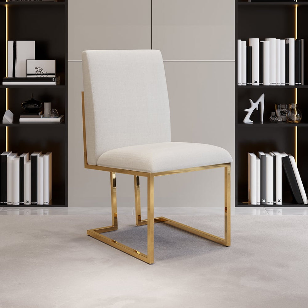 HMR - Modern Linen Upholstered Dining Chair with Stainless Steel Leg (Set of 2) in Beige