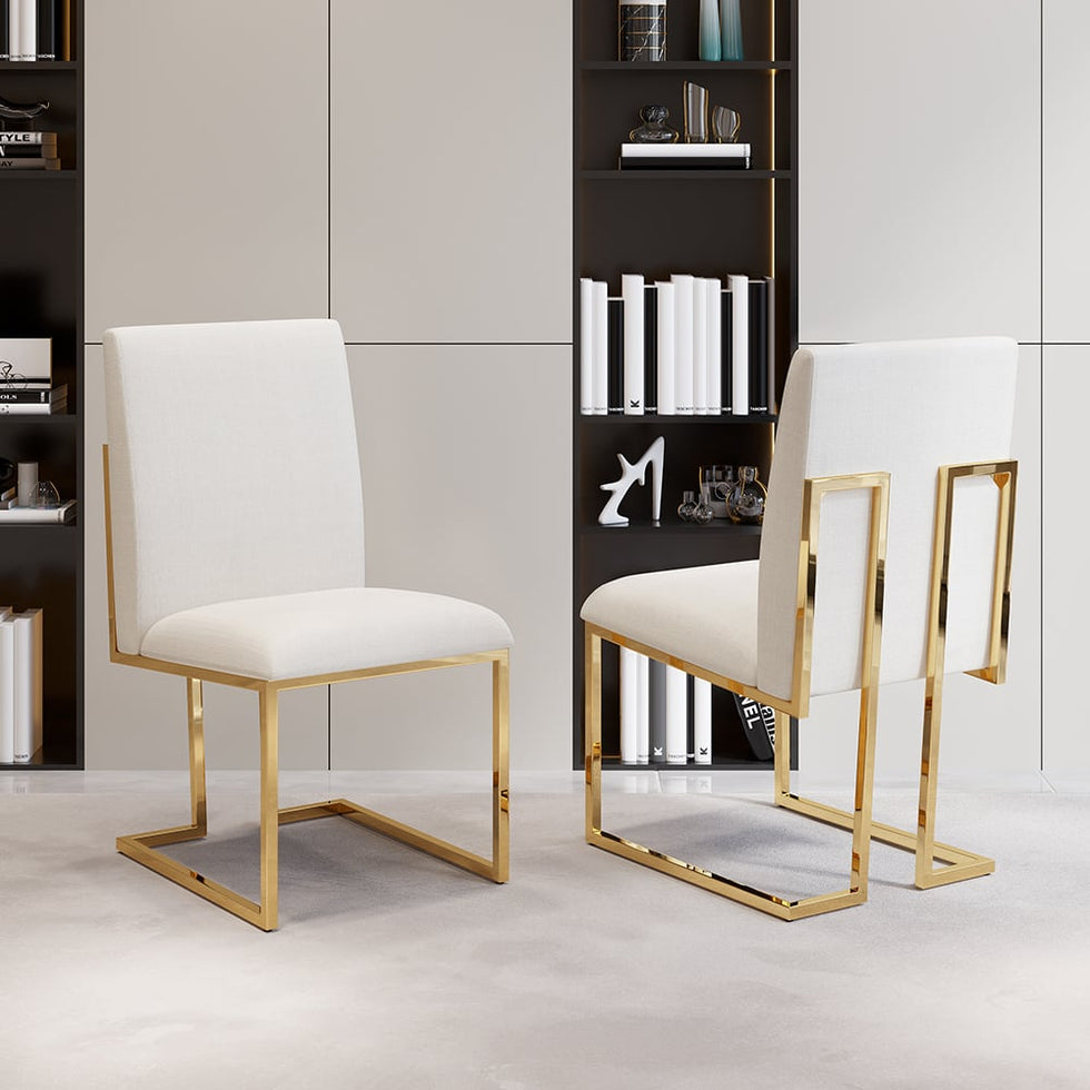 HMR - Modern Linen Upholstered Dining Chair with Stainless Steel Leg (Set of 2) in Beige
