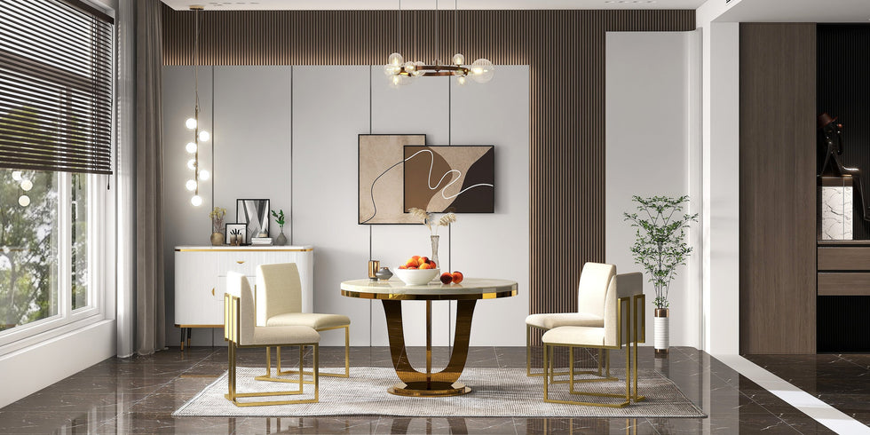 HMR - Modern Linen Upholstered Dining Chair with Stainless Steel Leg (Set of 2) in Beige