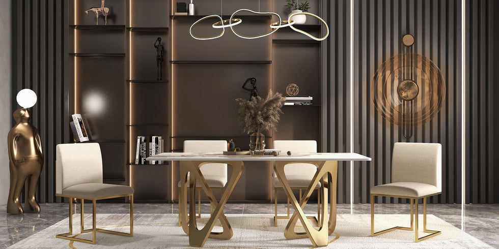 HMR - Modern Linen Upholstered Dining Chair with Stainless Steel Leg (Set of 2) in Beige