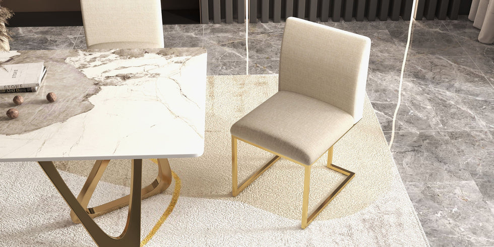 HMR - Modern Linen Upholstered Dining Chair with Stainless Steel Leg (Set of 2) in Beige
