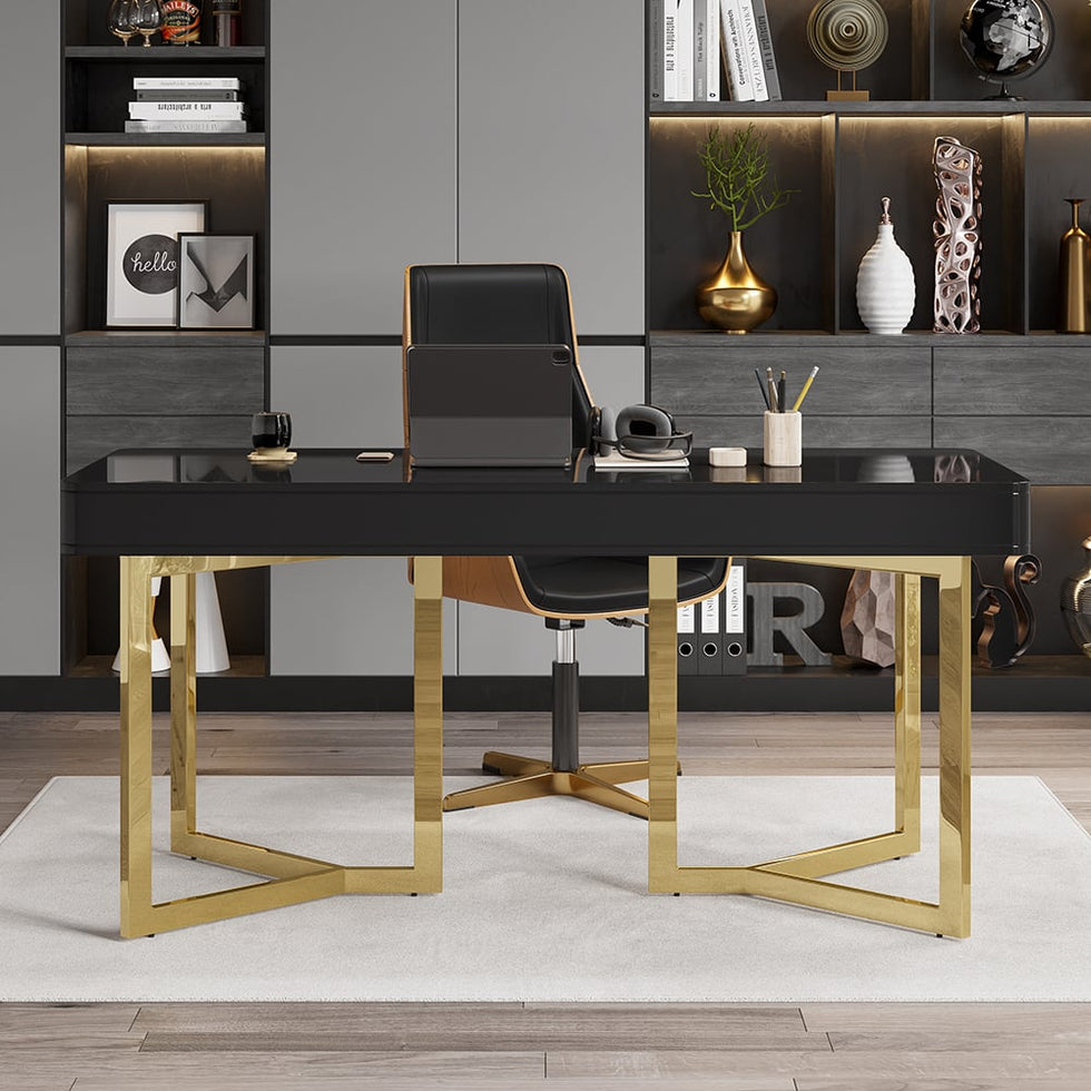 HMR - Modern 55" Office Desk with Gold Tripod Base