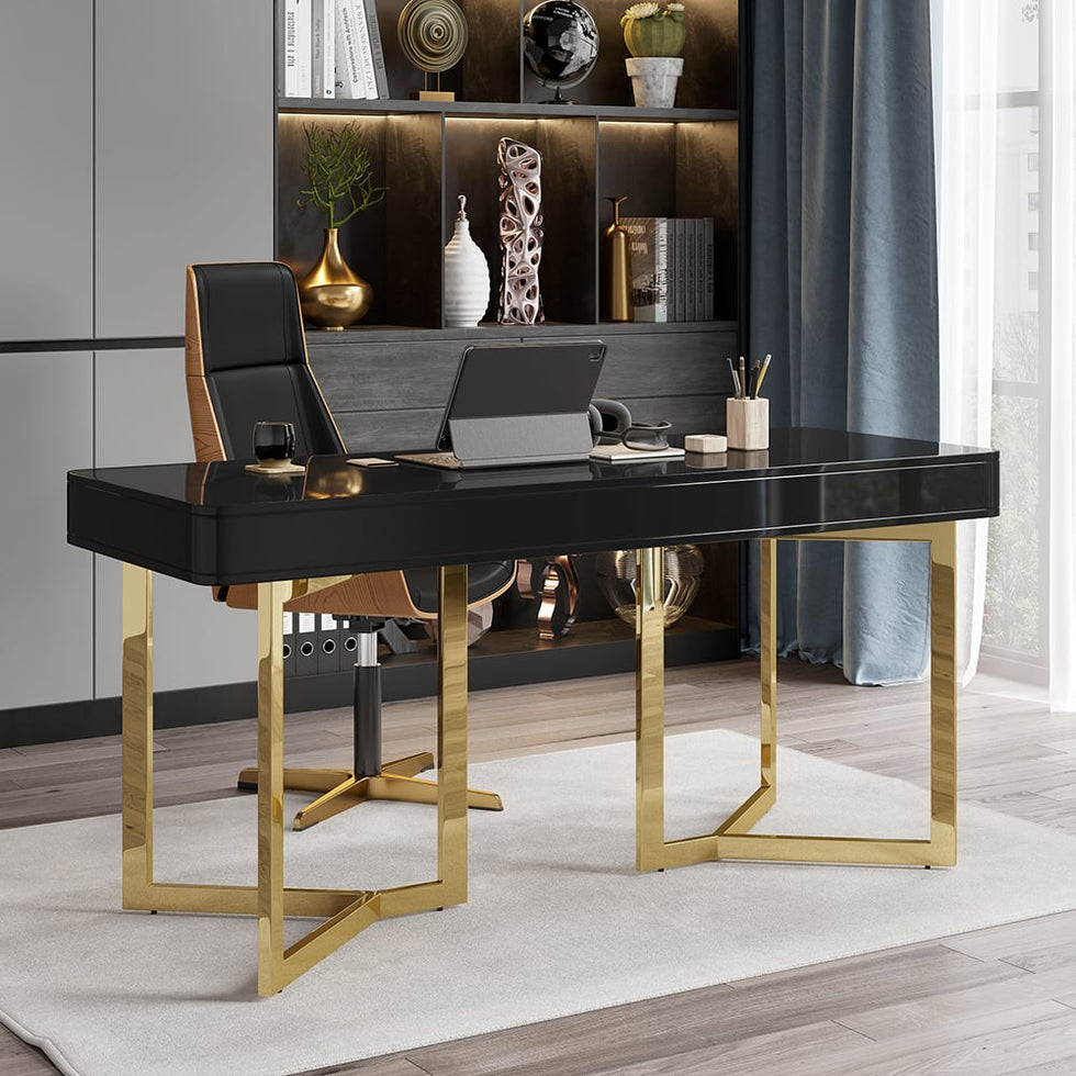 HMR - Modern 55" Office Desk with Gold Tripod Base
