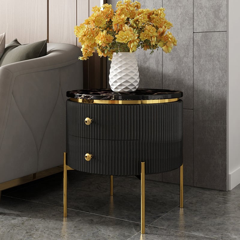 HMR Yelly Series 21" Round Side Table with Storage - Black/Gold