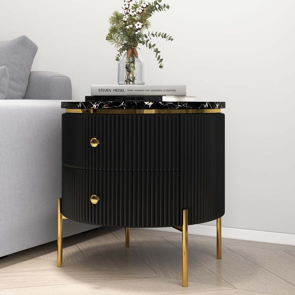  HMR Yelly Series 21" Round Side Table with Storage - Black/Gold