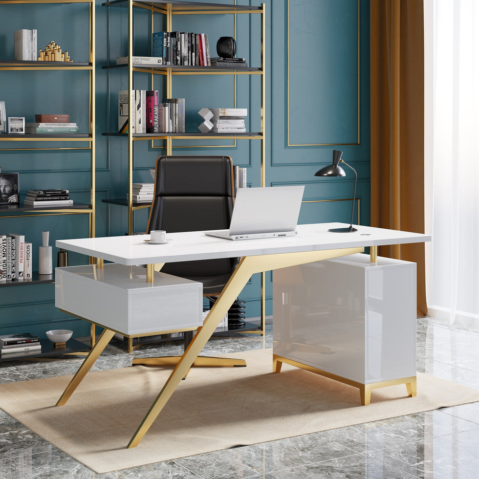 HMR - Hungled 55" Modern Office Executive Desk with Storage File Cabinet