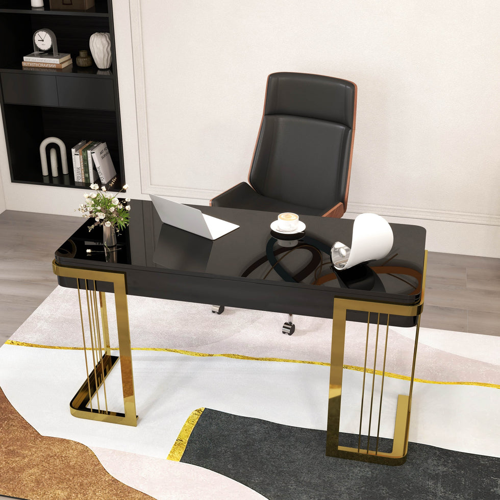 HMR - Modern 47" Office Computer Desk with Drawer and Gold Base