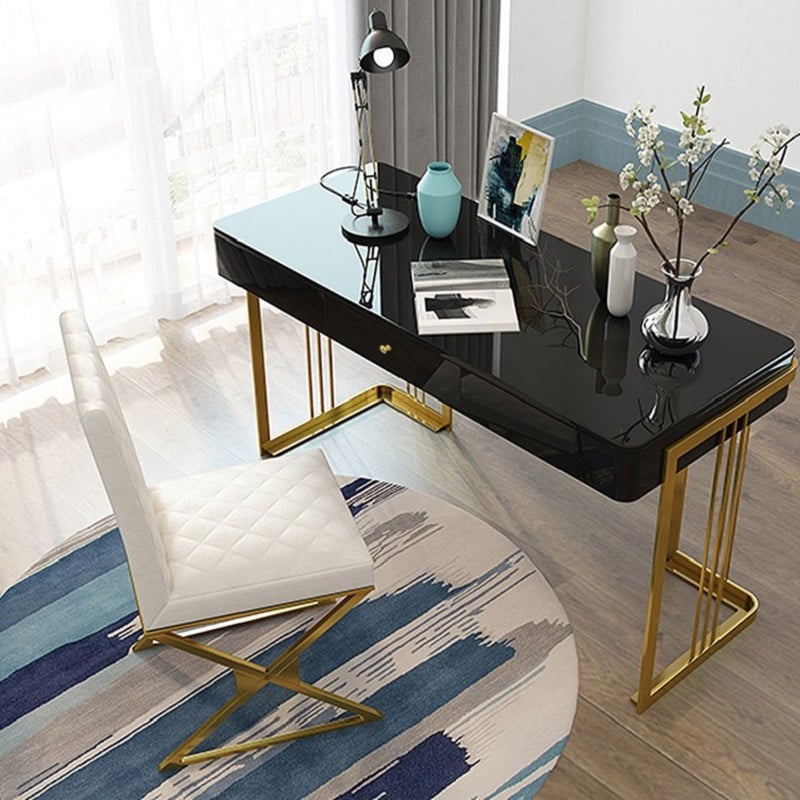 HMR - Modern 47" Office Computer Desk with Drawer and Gold Base