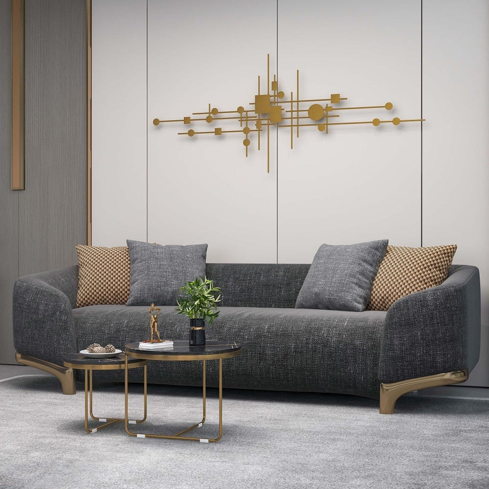 HMR - 3-Seat Cotton and Linen Upholstered Sofa with Pillows and Legs in 87"W, Gray and Gold