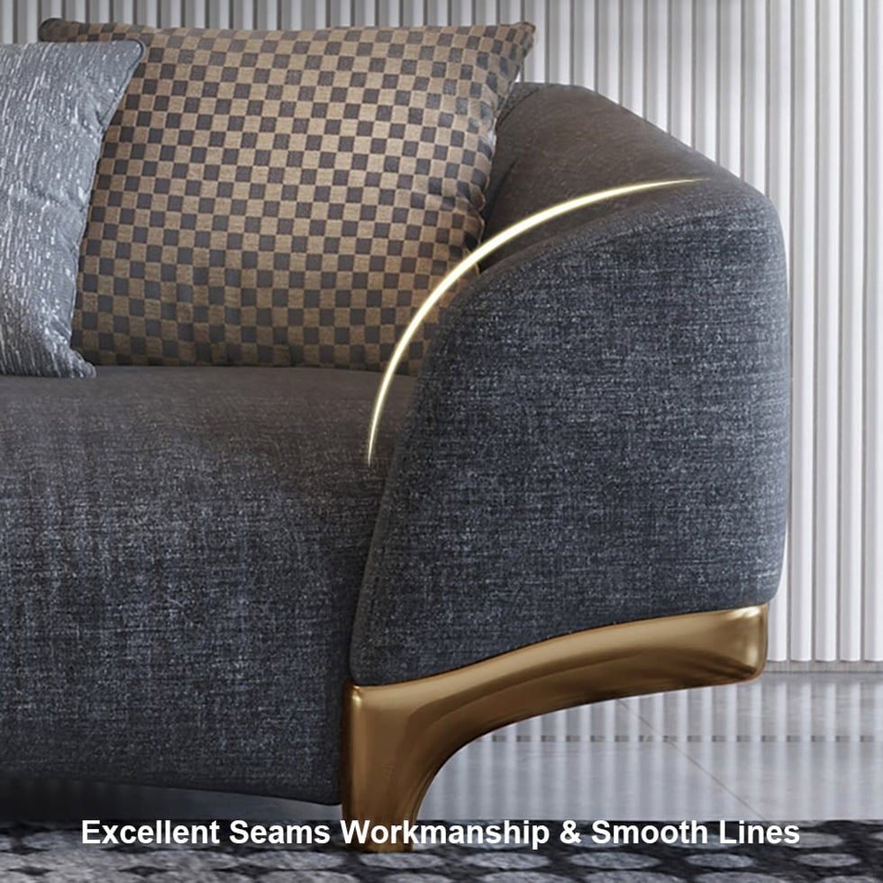HMR - 3-Seat Cotton and Linen Upholstered Sofa with Pillows and Legs in 87"W, Gray and Gold
