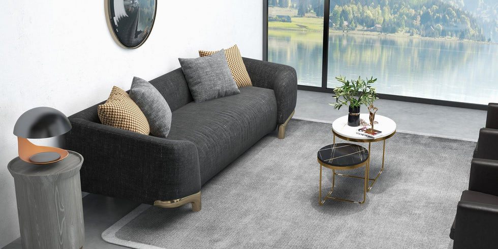 HMR - 3-Seat Cotton and Linen Upholstered Sofa with Pillows and Legs in 87"W, Gray and Gold