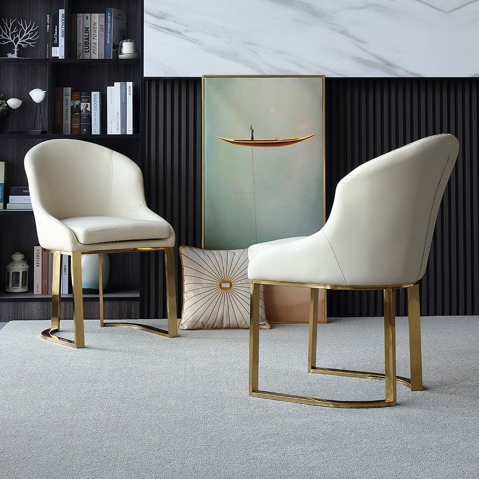 HMR - Faux Leather Upholstered Dining Chair with Gold Frame (Set of 2) in Off-White