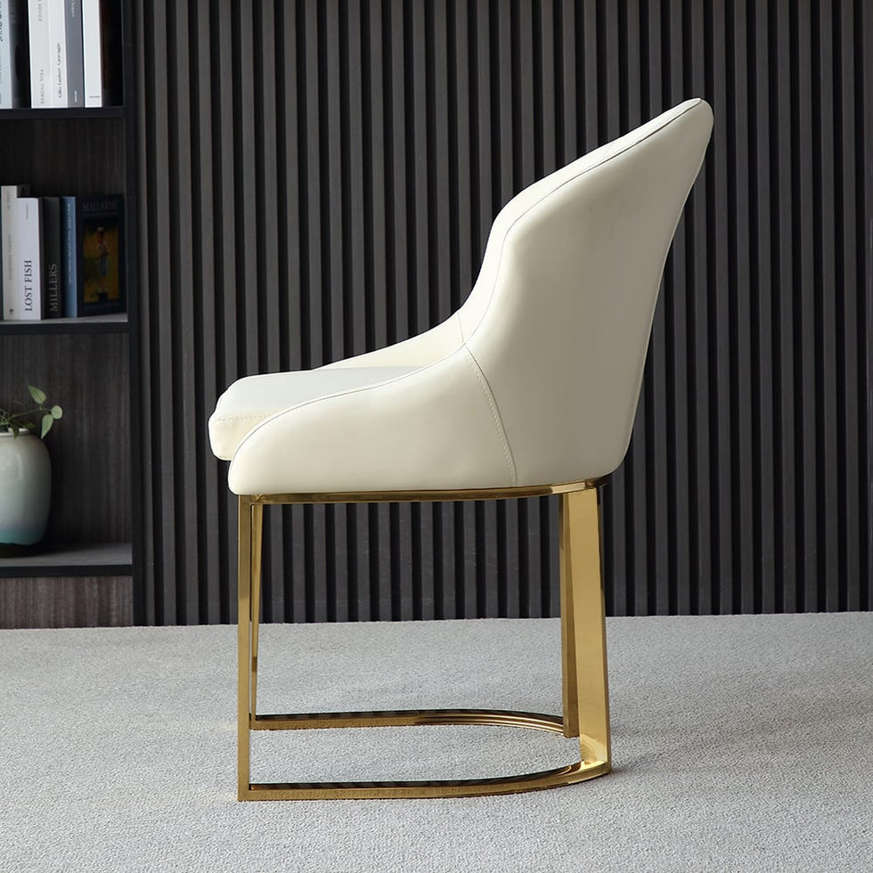 HMR - Faux Leather Upholstered Dining Chair with Gold Frame (Set of 2) in Off-White