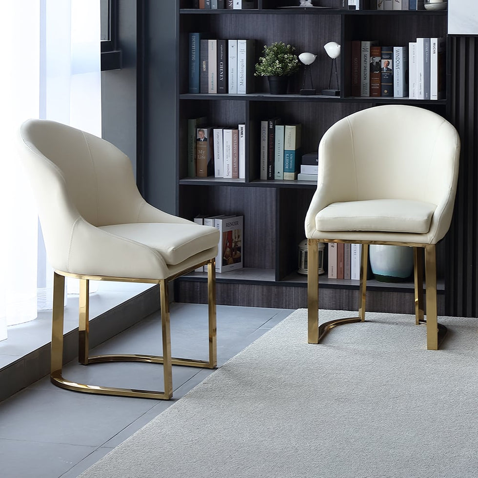 HMR - Faux Leather Upholstered Dining Chair with Gold Frame (Set of 2) in Off-White