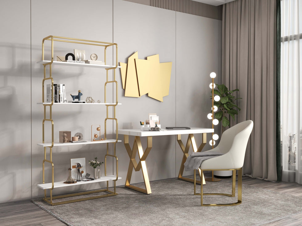 HMR - Faux Leather Upholstered Dining Chair with Gold Frame (Set of 2) in Off-White