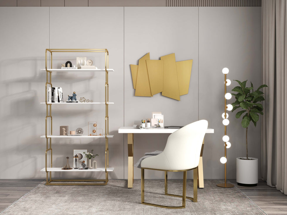 HMR - Faux Leather Upholstered Dining Chair with Gold Frame (Set of 2) in Off-White
