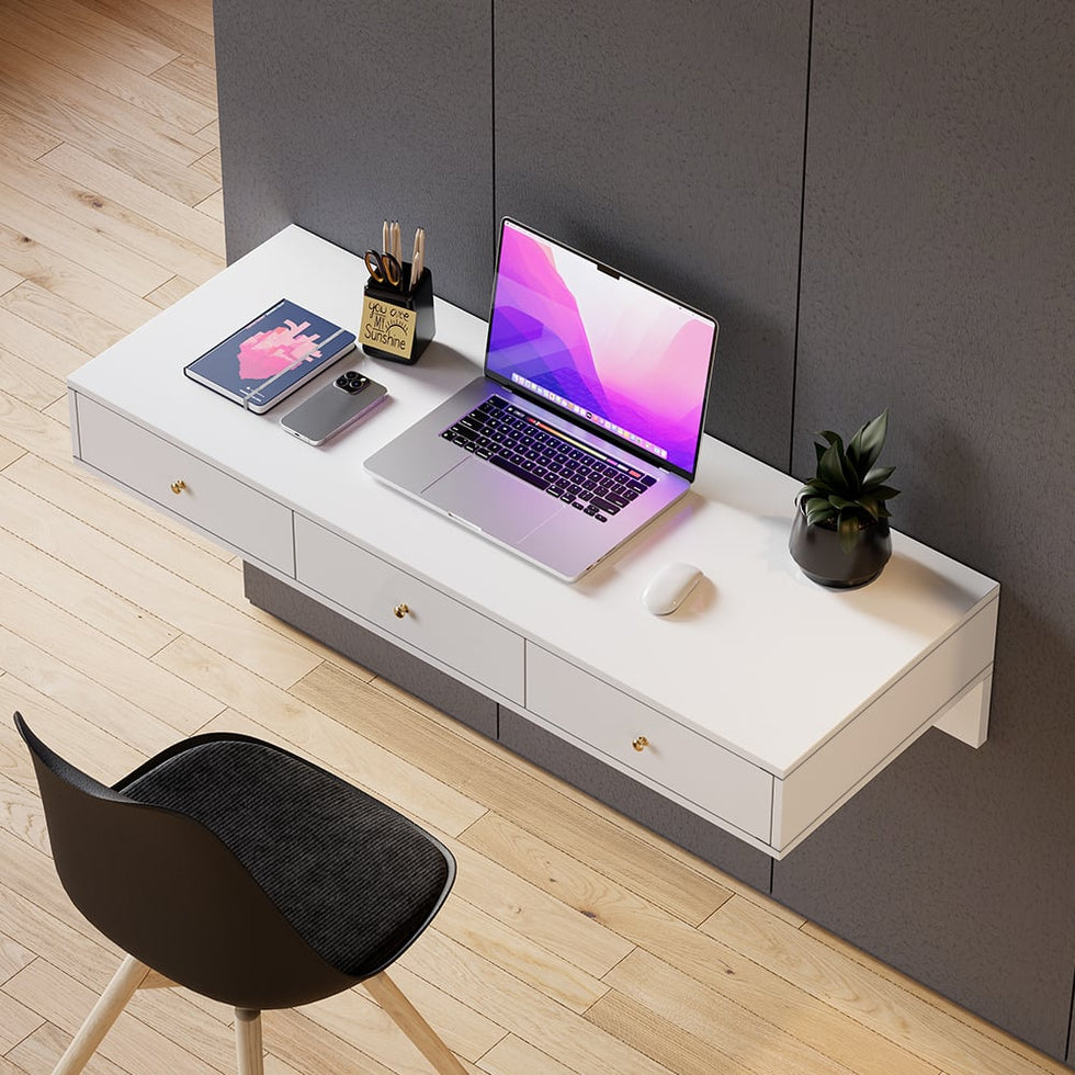 HMR - Floating Desk with Drawers Wall Mounted in White
