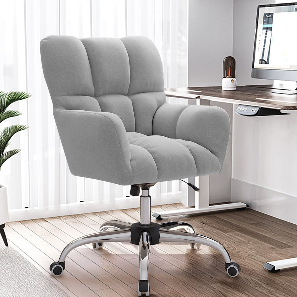 HMR - Modern Office Chair Upholstered Cotton Linen Swivel Task Chair Height Adjustable