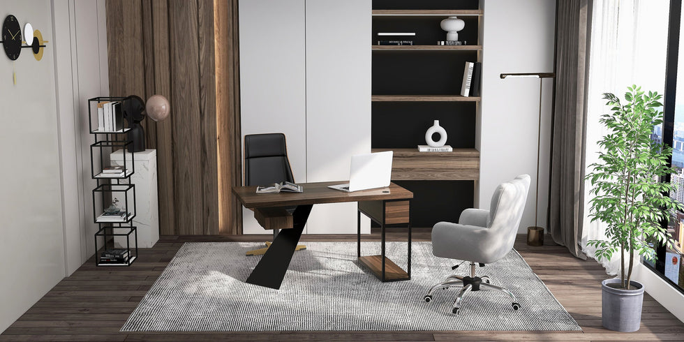 HMR - Modern Office Chair Upholstered Cotton Linen Swivel Task Chair Height Adjustable