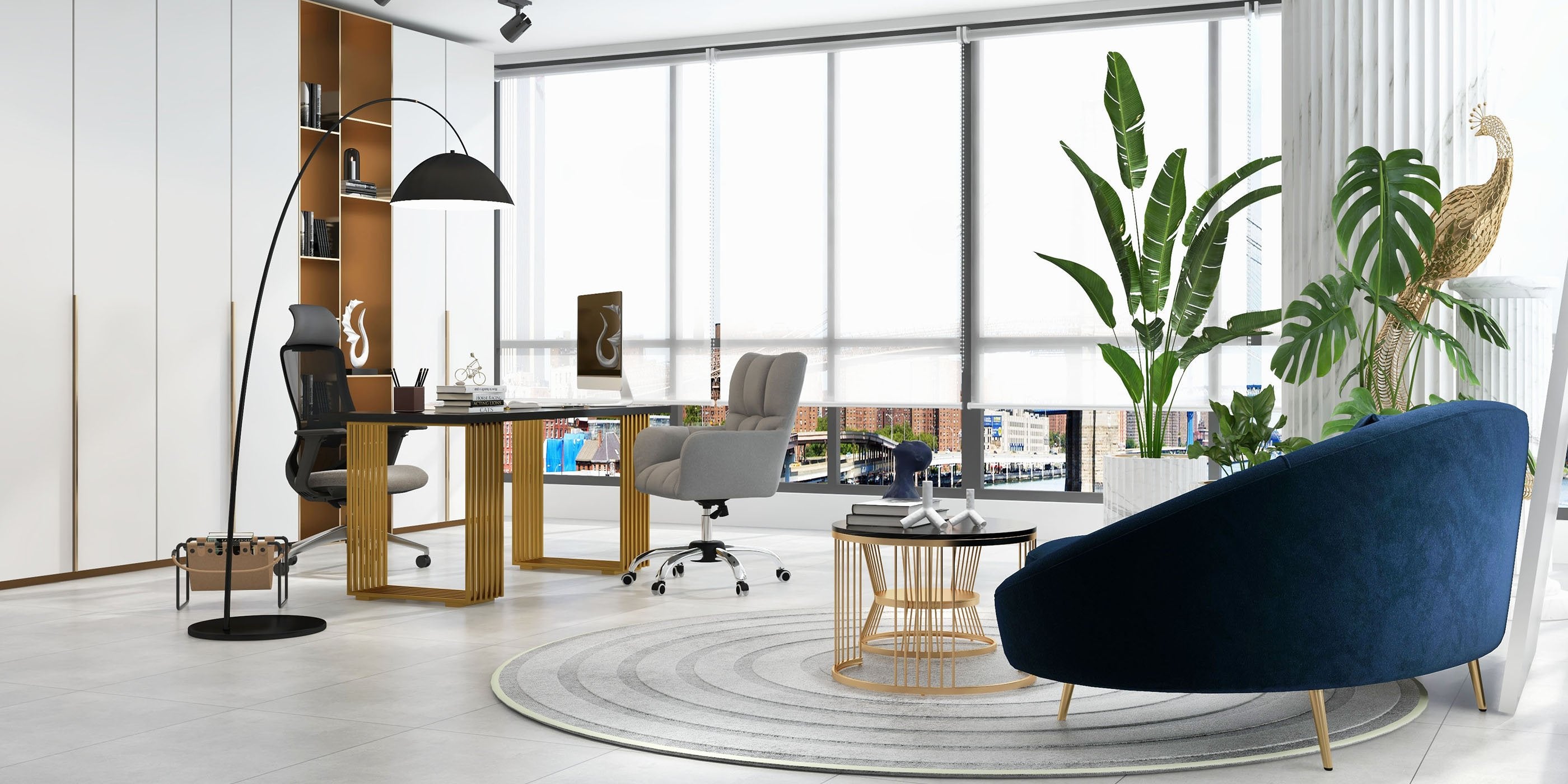 HMR - Modern Office Chair Upholstered Cotton Linen Swivel Task Chair Height Adjustable