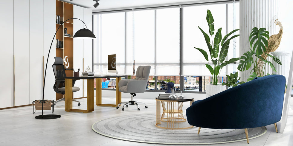 HMR - Modern Office Chair Upholstered Cotton Linen Swivel Task Chair Height Adjustable