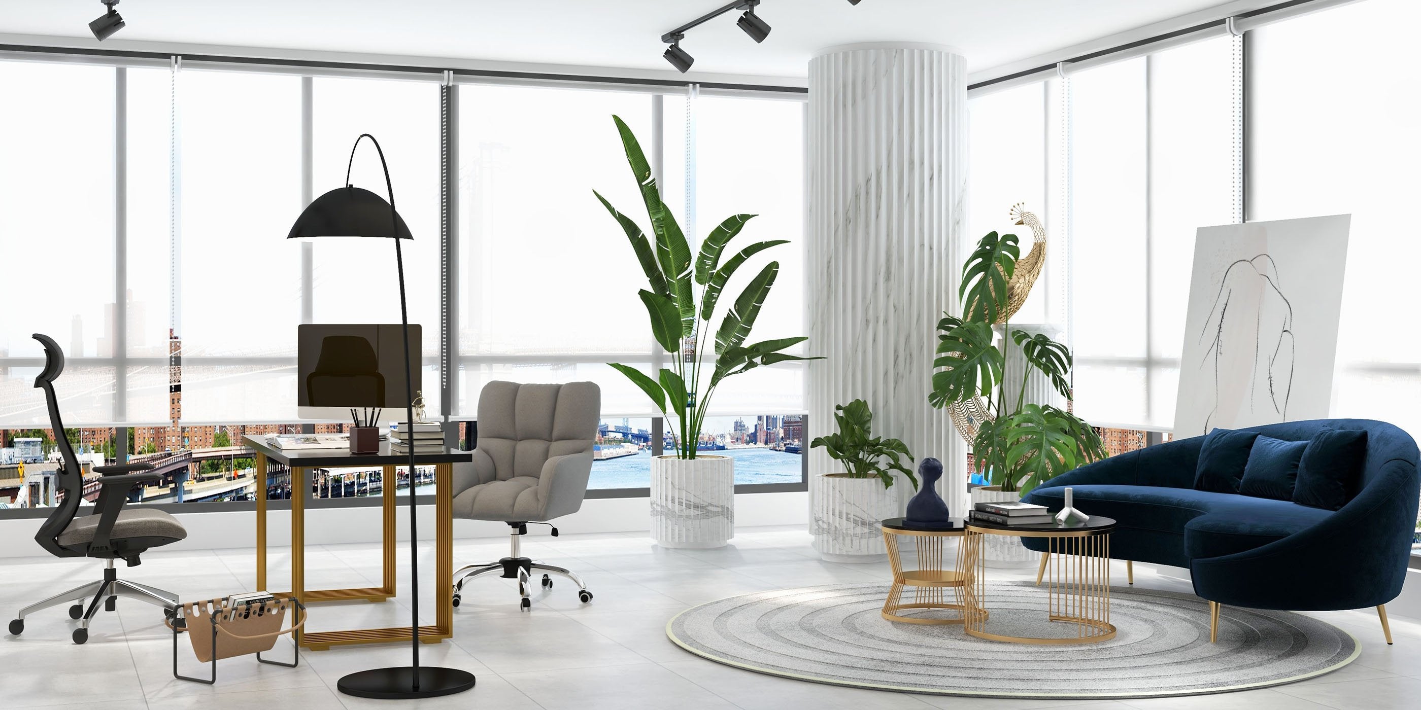 HMR - Modern Office Chair Upholstered Cotton Linen Swivel Task Chair Height Adjustable