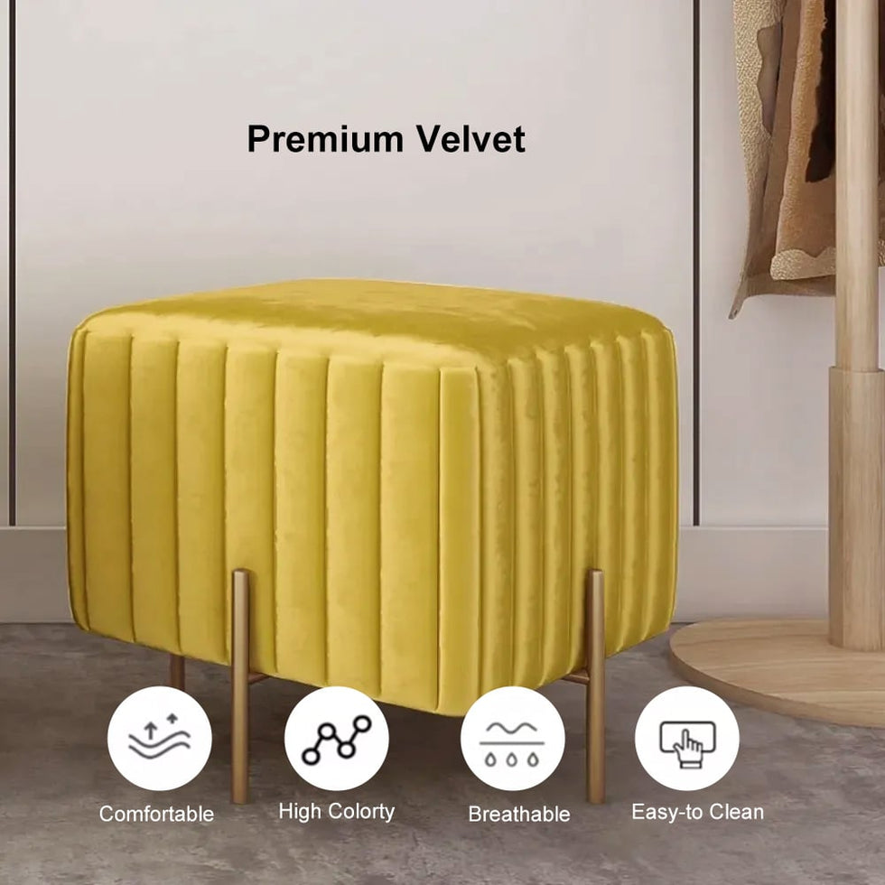 HMR - Upholstered Square Velvet Pouf in Yellow