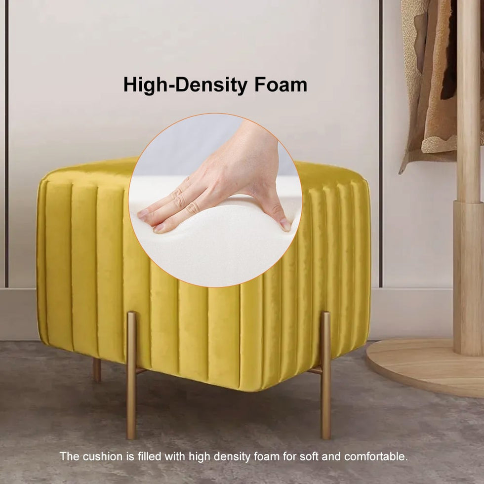 HMR - Upholstered Square Velvet Pouf in Yellow