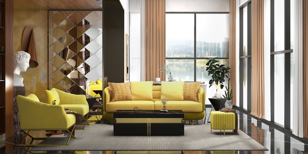 HMR - Upholstered Square Velvet Pouf in Yellow