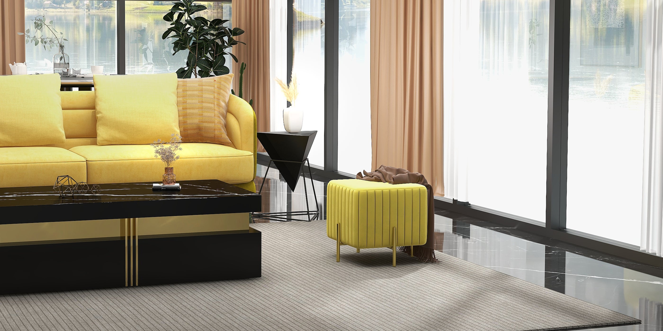 HMR - Upholstered Square Velvet Pouf in Yellow