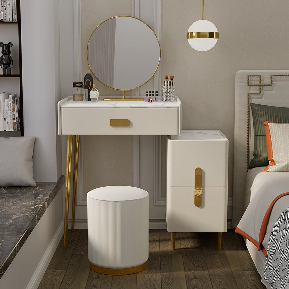 HMR - PU Leather Upholstered Vanity Stool in White