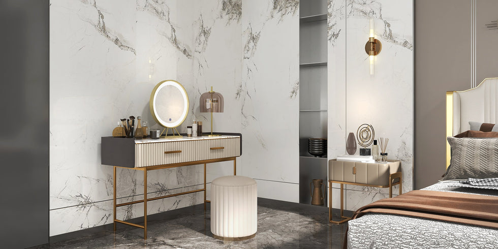 HMR - PU Leather Upholstered Vanity Stool in White