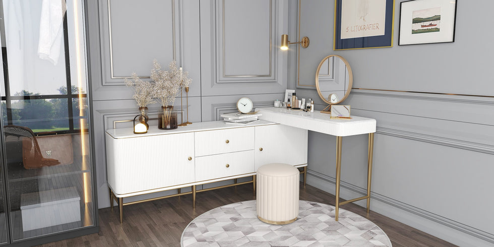 HMR - PU Leather Upholstered Vanity Stool in White