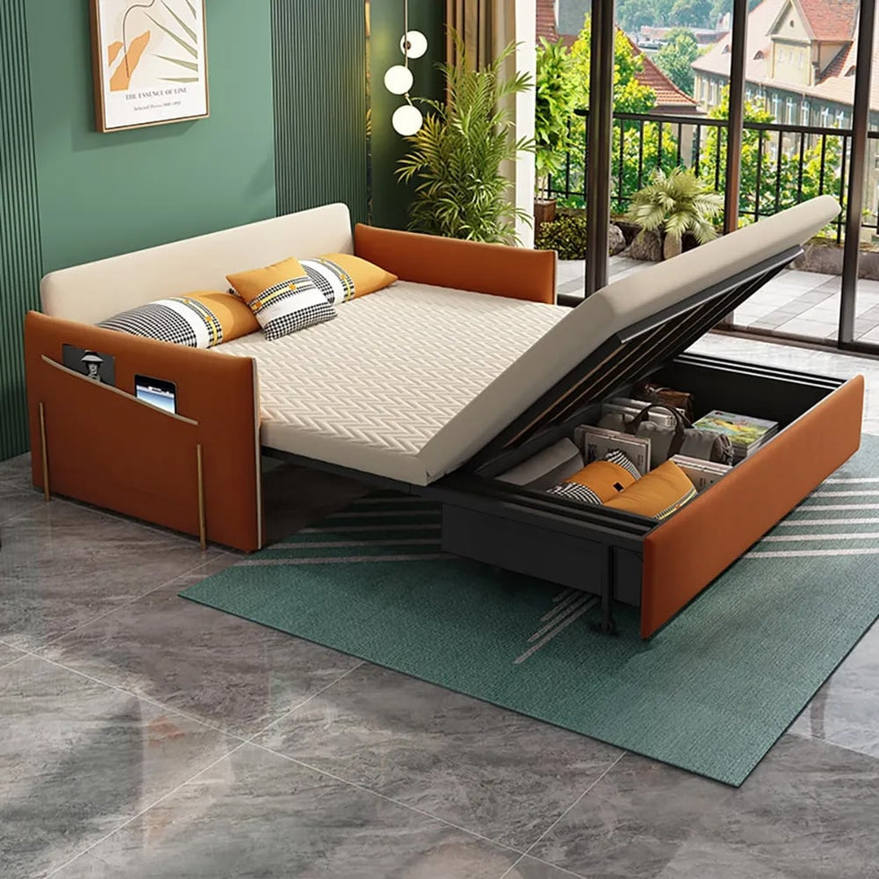 HMR - Velvet Upholstered Convertible Full Sleeper Storage in 66.1"L, Beige