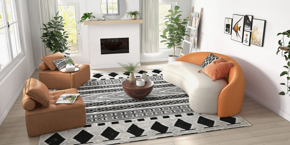 HMR - Leather Upholstered 3-Seater Sofa in 82.7"W, Orange and White