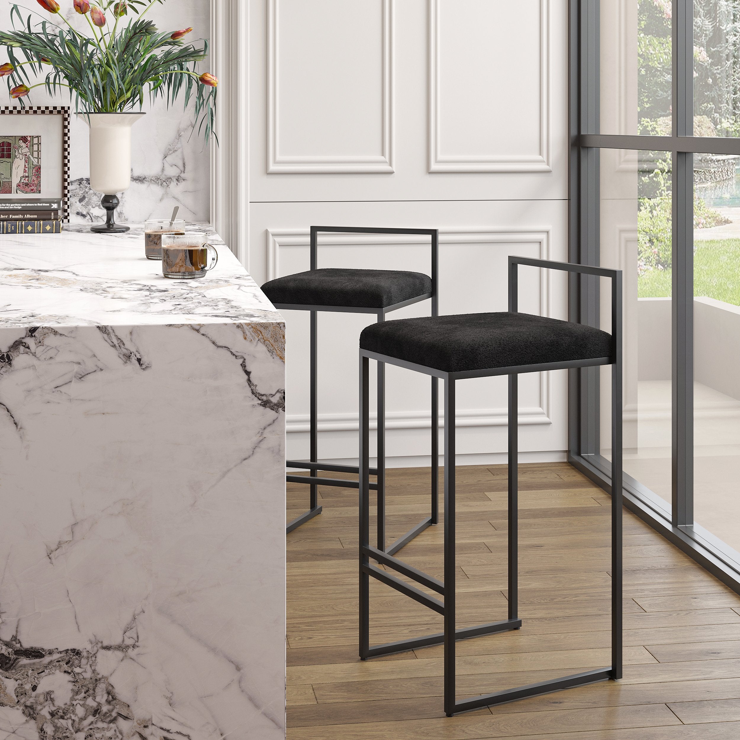 HMR - Modern Counter Stools with Velvet Upholstery (Set of 2)