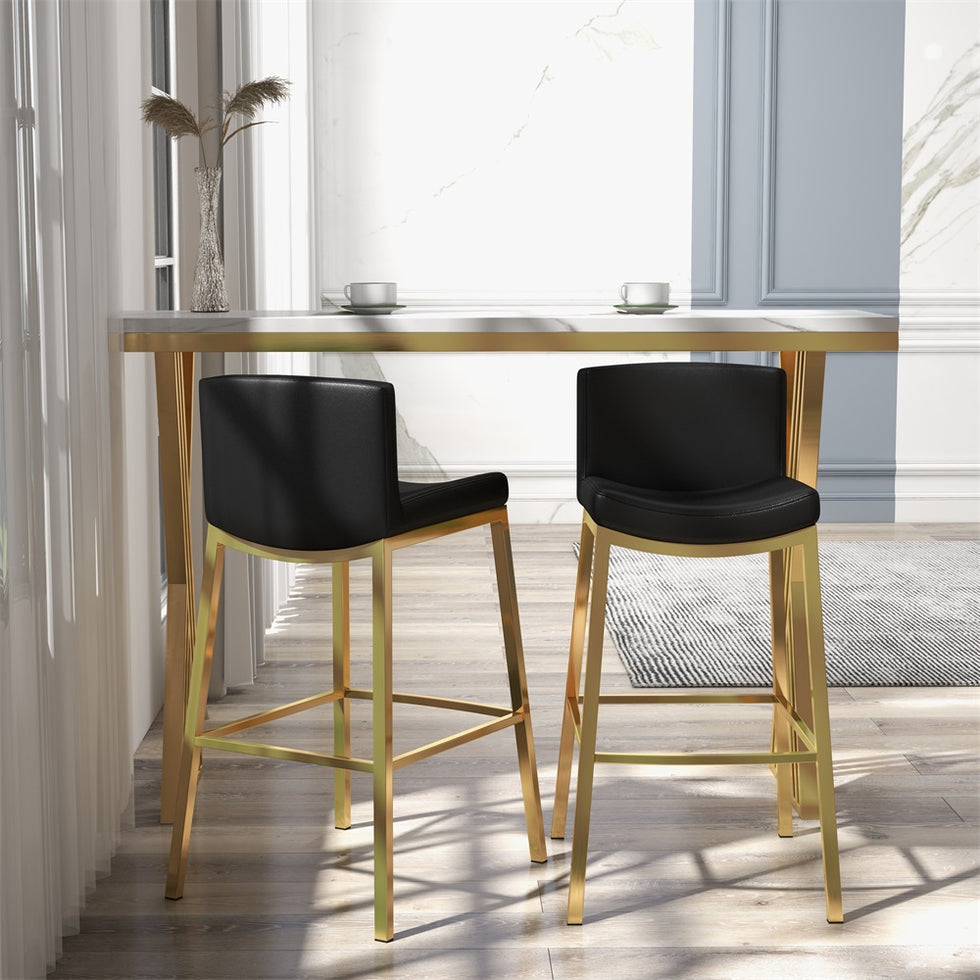 HMR - Faux Leather Counter Height Bar Stools with Back and Footrest (Set of 2) in Black