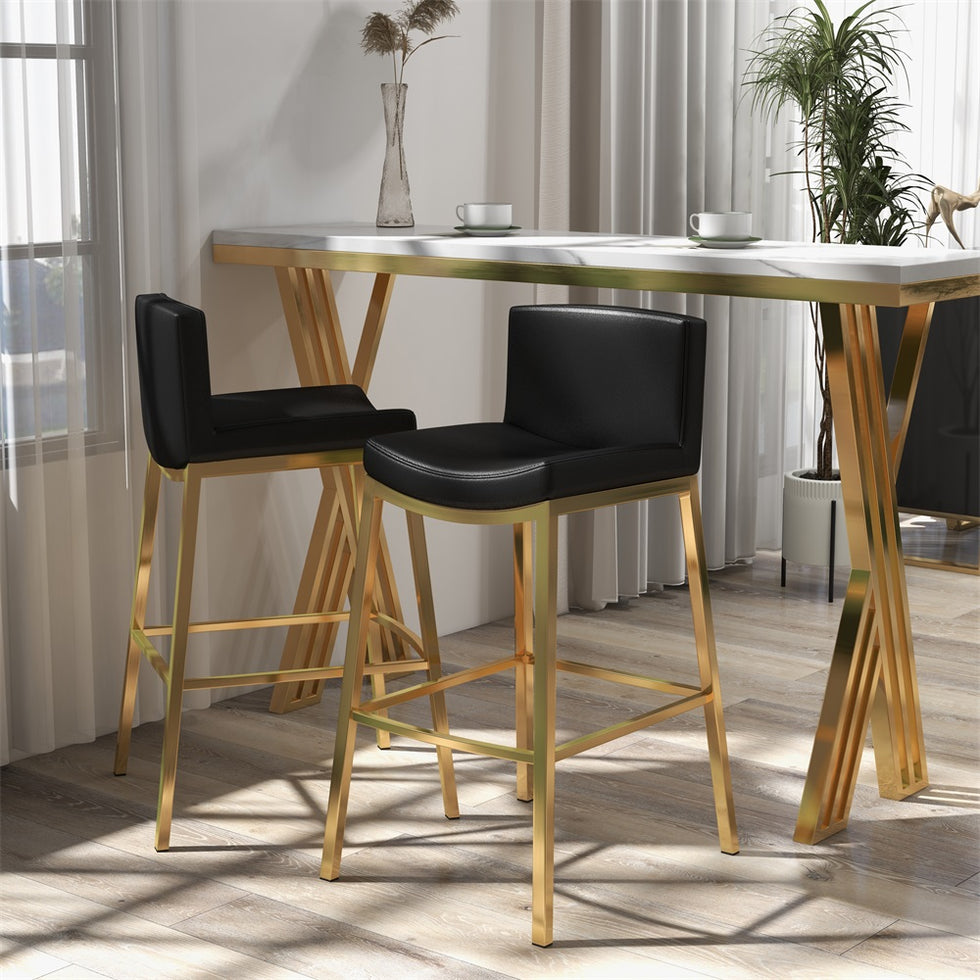 HMR - Faux Leather Counter Height Bar Stools with Back and Footrest (Set of 2) in Black