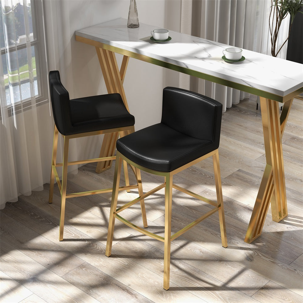 HMR - Faux Leather Counter Height Bar Stools with Back and Footrest (Set of 2) in Black