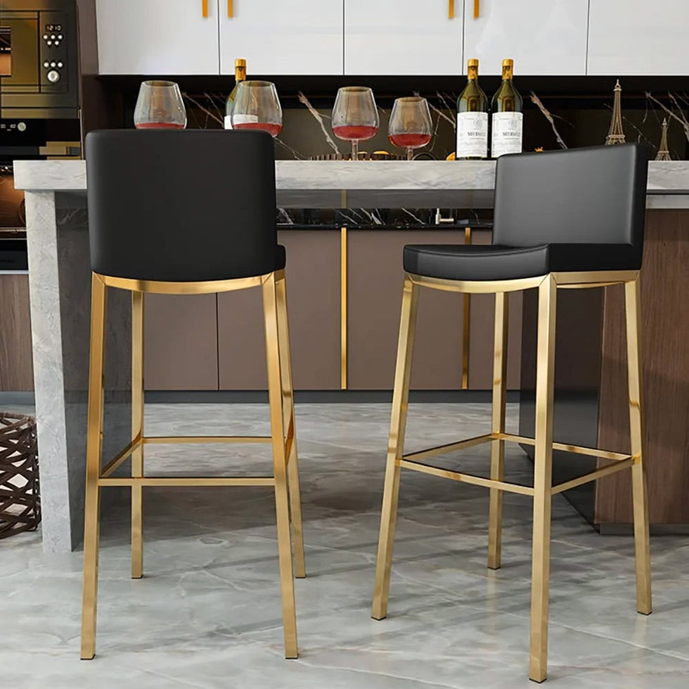 HMR - Faux Leather Counter Height Bar Stools with Back and Footrest (Set of 2) in Black
