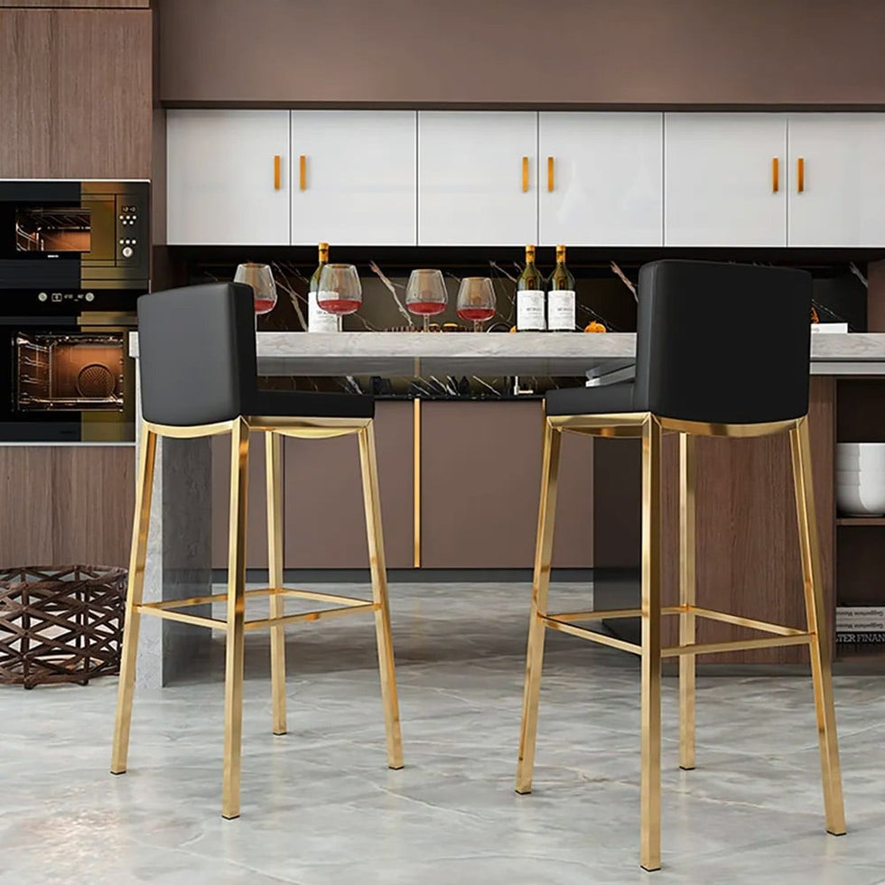 HMR - Faux Leather Counter Height Bar Stools with Back and Footrest (Set of 2) in Black