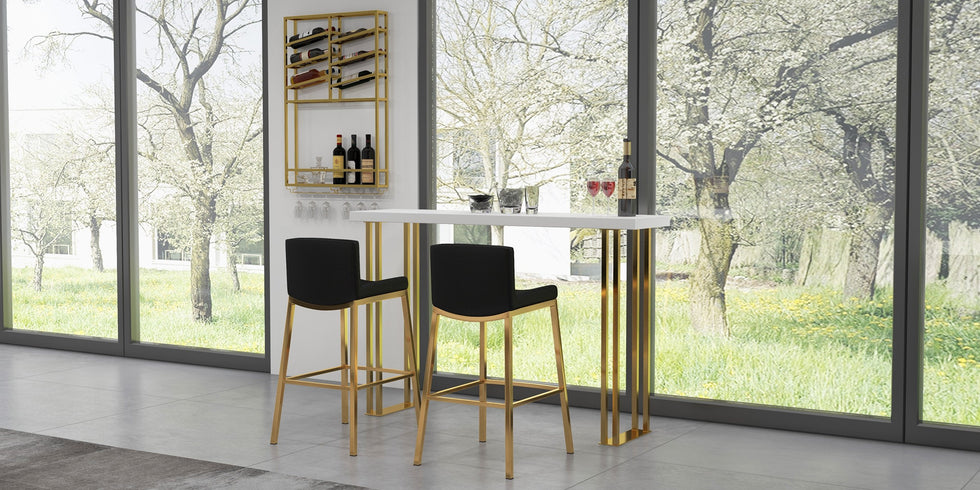 HMR - Faux Leather Counter Height Bar Stools with Back and Footrest (Set of 2) in Black